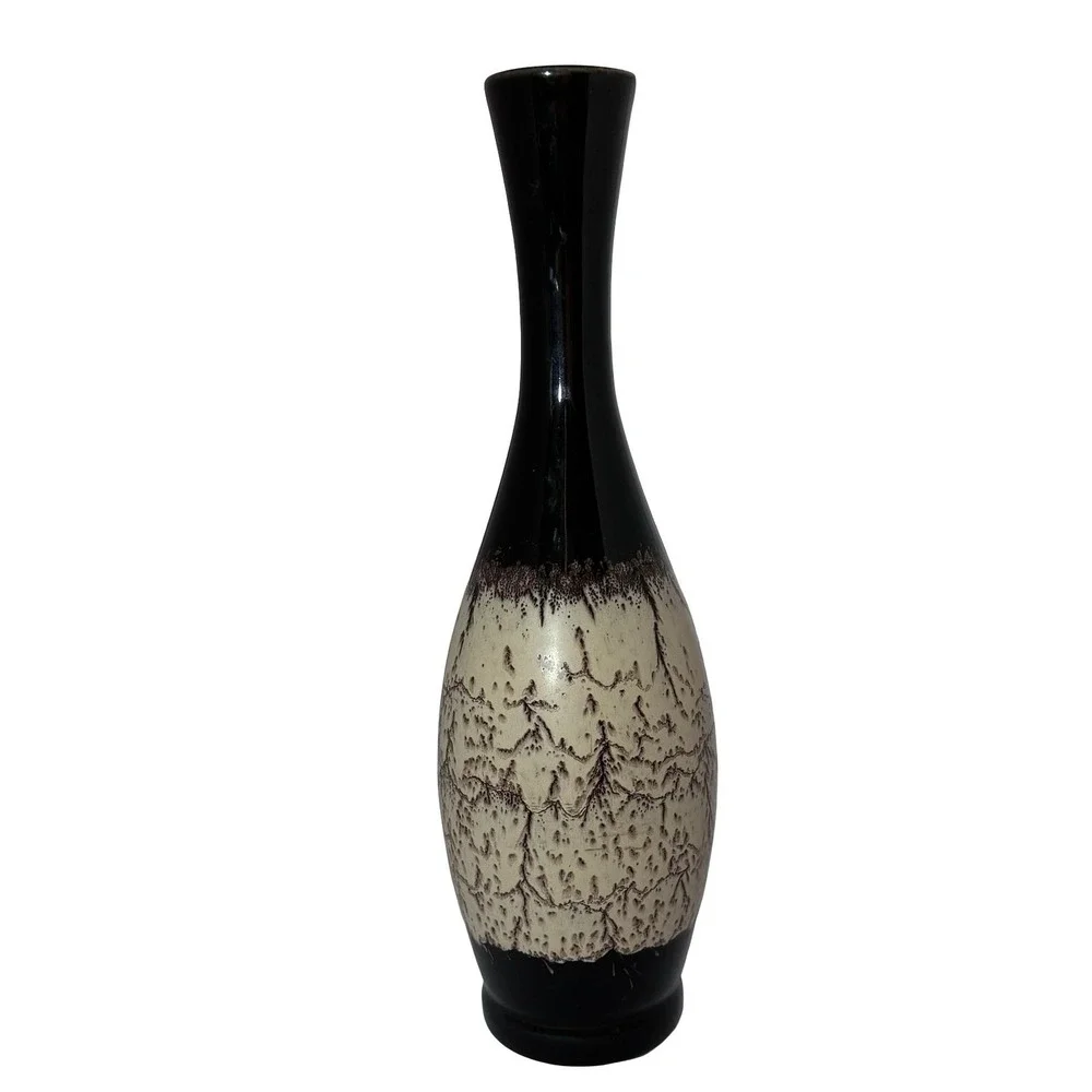 Vintage Haeger Lava Glaze Vase Black Brown Beige Textured‎ Art Deco Mid-Century